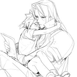 Rule 34 | 2boys, age difference, aged down, arms around neck, arms around waist, blush, boots, child, chinese commentary, closed eyes, cloud strife, coat, commentary request, crossed legs, expressionless, final fantasy, final fantasy vii, fui (fui29493452), greyscale, high collar, highres, holding, holding paper, implied yaoi, long bangs, long hair, looking down, male focus, medium hair, monochrome, multiple boys, on lap, paper, parted bangs, parted lips, reading, saliva, sephiroth, shirt, short ponytail, shorts, simple background, sitting, sketch, sleeping, sleeping on person, spiked hair, t-shirt