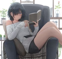Rule 34 | 1girl, absurdres, alarm clock, backlighting, black hair, black shorts, blue eyes, blush, breasts, candy, chair, clock, commentary, digital media player, english commentary, food, free style (yohan1754), glasses, hair over one eye, highres, lollipop, long sleeves, looking at viewer, medium breasts, off-shoulder sweater, off shoulder, original, plant, potted plant, reading, shawl, short hair, shorts, sitting, solo, sweater, thighs, throw pillow, tomboy, white sweater