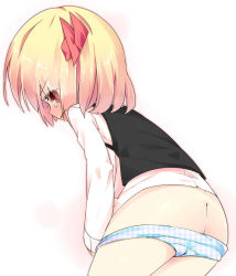 Rule 34 | 1girl, ass, blonde hair, blue panties, blush, butt crack, female focus, long sleeves, looking back, no pants, open clothes, panties, panty pull, red eyes, rumia, shamo (koumakantv), short hair, simple background, solo, tears, touhou, underwear, white background