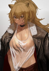 Rule 34 | 1girl, absurdres, animal ears, arknights, artist request, black choker, black jacket, breasts, brown eyes, candy, choker, cleavage, closed mouth, collarbone, cowboy shot, food, fur-trimmed jacket, fur trim, gradient background, grey background, hair between eyes, highres, jacket, jacket on shoulders, large breasts, lion ears, lollipop, long hair, looking at viewer, mouth hold, navel, no bra, no nipples, open clothes, open jacket, ponytail, see-through, shirt, siege (arknights), solo, very long hair, wet, wet clothes, wet hair, wet shirt