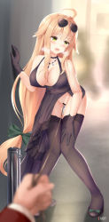 Rule 34 | 1girl, ahoge, alternate costume, aviator sunglasses, bar censor, black dress, black footwear, black gloves, black thighhighs, blonde hair, blurry, blurry background, blush, breasts, breath, censored, cleavage, dress, eyewear on head, girls&#039; frontline, gloves, green eyes, groin, halter dress, halterneck, hand on own thigh, hand on wall, high heels, holding, holding string, jewelry, knees together feet apart, large breasts, leaning forward, long hair, looking away, m1918 (girls&#039; frontline), napalmbit, necklace, night, no bra, no panties, open mouth, outdoors, pov, pov hands, sex toy, sidelocks, sleeveless, sleeveless dress, solo focus, string, sunglasses, sweat, thighhighs, thighs, very long hair, vibrator