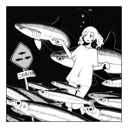 Rule 34 | 1girl, animal, border, fish, greyscale, high contrast, highres, miki kusumoto, monochrome, open mouth, original, road sign, shark, sign, white border