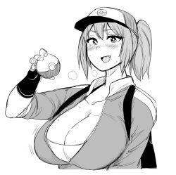 Rule 34 | 10s, 1girl, :d, backpack, bag, baseball cap, blush, breasts, cleavage, collarbone, creatures (company), fang, female protagonist (pokemon go), fukumaaya, game freak, greyscale, hat, holding, holding poke ball, huge breasts, jacket, long hair, long sleeves, monochrome, nintendo, open clothes, open jacket, open mouth, poke ball, pokemon, pokemon go, ponytail, simple background, smile, solo, track jacket, upper body, white background