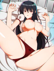 Rule 34 | 1girl, black hair, breasts, cameltoe, claire kagenou, clothes lift, hair between eyes, hands up, highres, kage no jitsuryokusha ni naritakute!, large breasts, light blush, light smile, long hair, looking at viewer, lying, medium breasts, navel, nipples, on back, on bed, open mouth, panties, rbx lamen, red eyes, red panties, shiny skin, shirt, shirt lift, solo, stomach, t-shirt, thighs, underwear, white shirt