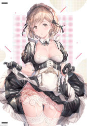 Rule 34 | 1girl, alternate costume, apron, bad id, bad pixiv id, black dress, black gloves, black ribbon, blonde hair, blush, braid, breasts, brown eyes, cleavage, clothes lift, collarbone, detached collar, djeeta (granblue fantasy), dress, dress lift, enmaided, garter straps, gloves, gluteal fold, granblue fantasy, highres, lifted by self, looking at viewer, maid, maid headdress, medium breasts, milli little, neck ribbon, panties, puffy short sleeves, puffy sleeves, ribbon, see-through, short hair, short sleeves, side-tie panties, single braid, solo, standing, thighhighs, underwear, waist apron, white apron, white panties, white thighhighs