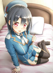 Rule 34 | 10s, 1girl, :d, arm support, bed, bed sheet, beret, black gloves, black hair, black thighhighs, blush, breast lift, breast press, breasts, female focus, from above, garter straps, gloves, hat, kantai collection, large breasts, looking at viewer, maku ro, military, military uniform, miniskirt, on bed, open mouth, pillow, red eyes, short hair, sitting, skirt, smile, solo, takao (kancolle), thighhighs, uniform, yokozuwari, zettai ryouiki