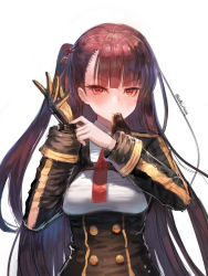 Rule 34 | 1girl, absurdres, blush, closed mouth, commentary request, girls&#039; frontline, gloves, hair ribbon, head tilt, highres, long hair, long sleeves, looking at viewer, mole, mole under eye, mouth hold, necktie, one side up, purple hair, red eyes, red necktie, red ribbon, ribbon, shirt, sketch, solo, twitter username, upper body, very long hair, wa2000 (girls&#039; frontline), white background, white shirt, zonekiller10