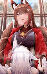 Rule 34 | 2girls, absurdres, amagi (azur lane), animal ear fluff, animal ears, azur lane, blue sky, blunt bangs, bodystocking, branch, breasts, bridal gauntlets, brown hair, brown tail, cloud, cloudy sky, commentary request, day, fox ears, fox girl, fox tail, heavy breathing, highres, holding hands, implied sex, implied yuri, indoors, japanese clothes, jewelry, kimono, kitsune, kyuubi, large breasts, long hair, looking at another, multiple girls, multiple tails, o o, off shoulder, open mouth, parted lips, purple eyes, red kimono, ring, samip, shinano (azur lane), sky, standing, steam, sweat, sweatdrop, tail, teeth, tree, very long hair, white hair, white tail, window, yuri