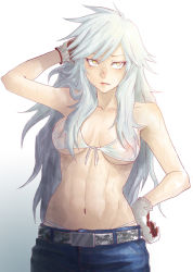 Rule 34 | 1girl, arm behind head, arm up, bad id, bad pixiv id, belt, bikini, bikini under clothes, blue pants, breasts, camouflage, camouflage belt, closed mouth, collarbone, commentary, denim, digital camouflage, front-tie bikini top, front-tie top, gloves, gradient background, grey background, grey belt, hand on own hip, jeans, kws, large breasts, light frown, long hair, looking at viewer, messy hair, navel, original, pants, silver hair, solo, sweatdrop, swimsuit, swimsuit under clothes, unmoving pattern, upper body, very long hair, white bikini, white gloves, yellow eyes