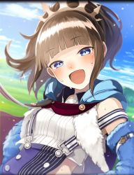 Rule 34 | artist request, blue cape, blue eyes, blush, brown hair, cape, crown hair ornament, dempagumi, headband, highres, official art, open mouth, phantom of the kill, pinky (dempagumi), ponytail, solo, suspenders, sweat