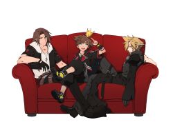 Rule 34 | 3boys, absurdres, arm up, armor, asymmetrical sleeves, belt, between legs, black footwear, black gloves, black jacket, black pants, black shirt, black vest, blonde hair, blue eyes, bright pupils, brown hair, cloud strife, commentary, couch, cropped jacket, crossed legs, crown, earrings, elbow rest, english commentary, expressionless, fermium.ice, final fantasy, final fantasy vii, final fantasy vii advent children, final fantasy viii, full body, fur-trimmed jacket, fur trim, gloves, happy, highres, jacket, jewelry, kingdom hearts, kingdom hearts ii, leaning back, leather belt, long hair, looking at viewer, looking back, male focus, multiple belts, multiple boys, necklace, on couch, open clothes, open jacket, open mouth, pants, pauldrons, pendant, pointing, pointing up, puffy pants, scar, scar on face, shirt, short hair, short sleeves, shoulder armor, shoulder strap, simple background, single pauldron, sitting, smile, sora (kingdom hearts), spiked hair, squall leonhart, stud earrings, teeth, upper teeth only, v-neck, vest, waist cape, white background, white fur, white shirt, yellow footwear