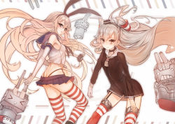 Rule 34 | 10s, 2girls, amatsukaze (kancolle), anchor, back, bare shoulders, black dress, black panties, blonde hair, blush, brown eyes, butt crack, dress, elbow gloves, flat chest, garter straps, gloves, hair ornament, hair ribbon, hair tubes, highleg, highleg panties, kantai collection, long hair, looking at viewer, looking back, mins (minevi), multiple girls, panties, red legwear, rensouhou-chan, rensouhou-kun, ribbon, sailor collar, sailor dress, shimakaze (kancolle), silver hair, skirt, striped clothes, striped legwear, striped thighhighs, thighhighs, twintails, two side up, underwear, very long hair, white gloves