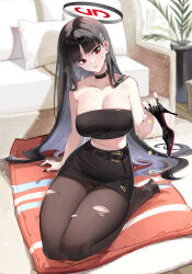 Rule 34 | 1girl, absurdres, bare arms, bare shoulders, black choker, black footwear, black hair, black nails, black skirt, blue archive, blunt bangs, breasts, choker, cleavage, commentary request, couch, earrings, fangdatou er buxihuanhuadatou, head tilt, high heels, highres, holding, holding clothes, holding footwear, hoop earrings, indoors, jewelry, large breasts, long hair, midriff, miniskirt, nail polish, navel, pantyhose, patent heels, pencil skirt, plant, potted plant, pumps, red eyes, red soles, rio (blue archive), seiza, shoes, sitting, skirt, solo, stiletto heels, stomach, strapless, thighs, torn clothes, torn pantyhose, tube top, very long hair