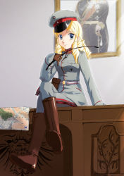 Rule 34 | 1girl, blonde hair, blue eyes, boots, female focus, german text, gloves, hat, map, military, military uniform, mizuki (mizuki ame), original, sitting, solo, uniform, world war i