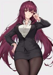 Rule 34 | 1girl, adjusting eyewear, bespectacled, black jacket, black skirt, breasts, collarbone, fate/grand order, fate (series), formal, from below, glasses, grey background, hair between eyes, hair intakes, hand on own hip, haoni, jacket, large breasts, long hair, long sleeves, looking at viewer, looking down, office lady, open clothes, open jacket, open shirt, pantyhose, parted lips, pencil skirt, purple hair, red eyes, scathach (fate), shirt, simple background, skirt, skirt suit, solo, suit, upper body, very long hair, white shirt