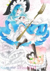 Rule 34 | 1girl, arim0k0, artist name, ass, black footwear, black headwear, blue hair, blue skirt, boots, commentary, corrupted twitter file, food, fork, frills, fruit, full body, heart, heart-shaped food, high heel boots, high heels, highres, hinanawi tenshi, holding, holding fork, long hair, looking at viewer, open mouth, panties, peach, pink background, red eyes, sample watermark, short sleeves, skirt, solo, standing, standing on one leg, touhou, traditional media, underwear, watermark, white panties