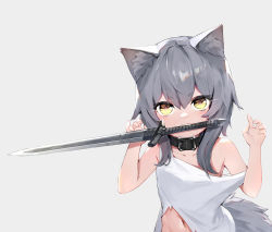 Rule 34 | 1girl, absurdres, animal ear fluff, animal ears, bare arms, bare shoulders, character request, claw pose, copyright request, grey background, grey hair, hands up, highres, looking at viewer, medium hair, mouth hold, navel, shanhai wuwei hou, simple background, solo, strap slip, sword, tail, tank top, teeth hold, upper body, weapon, white tank top, yellow eyes