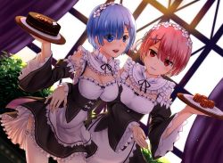 Rule 34 | 10s, 2girls, :d, apron, black ribbon, black skirt, blue eyes, blue hair, breasts, chien zero, choker, cleavage, detached sleeves, dutch angle, frilled skirt, frills, hair ribbon, head wreath, indoors, looking at viewer, maid, medium breasts, miniskirt, multiple girls, neck ribbon, open mouth, parted lips, pink hair, pink ribbon, ram (re:zero), re:zero kara hajimeru isekai seikatsu, red eyes, rem (re:zero), ribbon, ribbon-trimmed sleeves, ribbon trim, short hair, siblings, sisters, skirt, smile, thighhighs, twins, white apron
