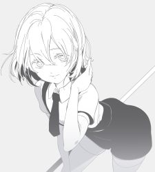 Rule 34 | androgynous, closed mouth, collared shirt, commentary request, diamond (houseki no kuni), eyelashes, eyes visible through hair, gender request, greyscale, hair between eyes, hand up, highres, houseki no kuni, leaning forward, looking at viewer, monochrome, necktie, sakura sora, shirt, shirt tucked in, short hair, short sleeves, shorts, simple background, skirt, smile, solo, standing, thighhighs