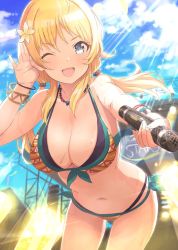 Rule 34 | 1girl, bare shoulders, bikini, blonde hair, blue eyes, blue sky, blush, bracelet, breasts, brown bikini, cleavage, collarbone, day, flower, hachimiya meguru, hair flower, hair ornament, hand up, hip focus, idolmaster, idolmaster shiny colors, jewelry, large breasts, light rays, long hair, looking at viewer, low twintails, microphone, navel, one eye closed, open mouth, outdoors, sky, smile, solo, stage lights, striped bikini, striped clothes, sunlight, swimsuit, tetsujin momoko, thighs, twintails