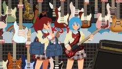 Rule 34 | 2girls, bag, black bow, black skirt, blue eyes, blue hair, bow, bowtie, brown shirt, cropped legs, electric guitar, eoljukko, fang, food, food in mouth, guitar, hair bow, high ponytail, highres, holding, holding bag, holding guitar, holding instrument, instrument, looking at another, mahou shoujo madoka magica, miki sayaka, mitakihara school uniform, multiple girls, open mouth, plaid, plaid skirt, pocky, pocky in mouth, price tag, puffy sleeves, red bow, red bowtie, red hair, sakura kyoko, school uniform, shirt, shop, short hair, shoulder bag, skirt, standing
