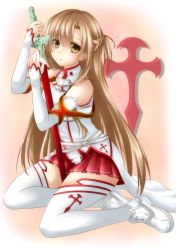 Rule 34 | 10s, 1girl, armor, asuna (sao), breastplate, brown eyes, brown hair, chest plate, elbow gloves, fingerless gloves, gloves, holding, long hair, long legs, looking at viewer, miko (royal milk), parted lips, pleated skirt, rapier, shoes, sitting, skirt, solo, sword, sword art online, thighhighs, weapon, white thighhighs, zettai ryouiki