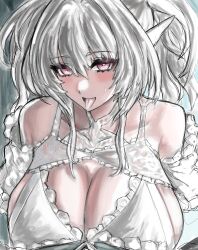 Rule 34 | 1girl, breasts, large breasts, long hair, saliva, white hair