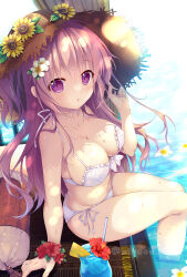 Rule 34 | 1girl, arm at side, bikini, blush, bow, bow bikini, breasts, cleavage, collarbone, commentary request, curvy, dappled sunlight, day, drink, drinking straw, eyes visible through hair, feet out of frame, floating hair, flower, flower on liquid, frilled bikini, frills, from side, hair between eyes, hair flower, hair ornament, halterneck, hand on headwear, hand up, hat, hat flower, highres, large breasts, leaf, legs together, long hair, looking at viewer, mikeou, open mouth, original, outdoors, pink hair, poolside, purple eyes, red flower, side-tie bikini bottom, sitting, soaking feet, solo, straw hat, sunflower, sunlight, swimsuit, thighs, twitter username, two side up, very long hair, water, wet, white bikini, white bow, white flower, wrist flower