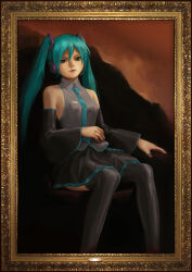 Rule 34 | 1girl, absurdres, arm support, black background, black footwear, black skirt, black sleeves, boots, collared shirt, commentary, detached sleeves, english commentary, green eyes, green hair, green tail, grey shirt, hatsune miku, highres, parody, picture frame, realistic, red sky, shalink, shirt, sitting, skirt, sky, sleeveless, sleeveless shirt, solo, style parody, thigh boots, twintails, umineko no naku koro ni, vocaloid
