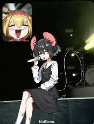 Rule 34 | 1boy, 2girls, alice margatroid, animal ears, blonde hair, closed eyes, cookie (touhou), crystal, dress, drum, drum set, fan screaming at madison beer (meme), flat chest, frilled hairband, frills, full body, grey dress, grey hair, hair between eyes, hairband, highres, holding, holding microphone, ichigo (cookie), instrument, jewelry, long sleeves, looking to the side, manatsu no yo no inmu, medium bangs, meme, microphone, motion blur, mouse ears, mouse girl, mouse tail, multiple girls, nazrin, necklace, nyon (cookie), open mouth, pendant, photo background, pinafore dress, red eyes, red hairband, shirt, short hair, sitting, sleeveless, sleeveless dress, smile, socks, tail, takuya (acceed), touhou, traveler hxy, v-shaped eyebrows, white shirt, white socks