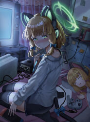 Rule 34 | 2girls, absurdres, animal ear headphones, animal ears, black thighhighs, blonde hair, blue archive, blue bow, blue necktie, blush, bow, cat tail, closed mouth, controller, fake animal ears, game controller, green eyes, green halo, hair bow, halo, handheld game console, headphones, highres, indoors, kunku (youn4431), long sleeves, looking at viewer, midori (blue archive), momoi (blue archive), multiple girls, necktie, shirt, short hair, siblings, sisters, tail, thighhighs, twins, white shirt