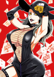 Rule 34 | 10s, 1girl, armpits, artist request, bare shoulders, breasts, card, choker, cleavage, covered erect nipples, dress, earrings, elbow gloves, flower, gloves, grey hair, hat, jewelry, large breasts, lips, lipstick, long hair, makeup, navel, niijima sae, open mouth, persona, persona 5, red background, rose, shadow (persona), shadow sae, sideboob, solo, thighhighs, yellow eyes