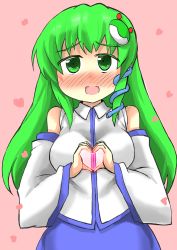 Rule 34 | 1girl, bare shoulders, blush, detached sleeves, frog hair ornament, gaoo (frpjx283), green eyes, green hair, hair ornament, heart, heart hands, highres, kochiya sanae, matching hair/eyes, open mouth, snake hair ornament, solo, touhou