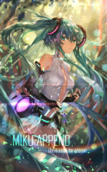 Rule 34 | 1girl, artist name, azomo, bridal gauntlets, center opening, character name, green eyes, green hair, hatsune miku, hatsune miku (append), highres, long hair, necktie, solo, twintails, very long hair, vocaloid, vocaloid append