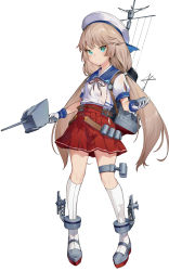Rule 34 | 1girl, adapted turret, blue sailor collar, blush stickers, cannon, derivative work, full body, green eyes, grey hair, gun, hat, highres, hip vent, kantai collection, long hair, low twintails, machinery, mary janes, mikura (kancolle), pleated skirt, puffy short sleeves, puffy sleeves, red skirt, sailor collar, sailor hat, school uniform, serafuku, shoes, short sleeves, simple background, skirt, socks, solo, turret, twintails, underwear, weapon, white background, white hat, white socks, yamano (yamanoh)