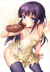 Rule 34 | 1boy, 1girl, ajishio, apron, areola slip, bar censor, black thighhighs, blue eyes, blush, border, breasts, censored, fellatio, gradient background, hetero, highres, kissing penis, long hair, looking at viewer, naked apron, oral, penis, purple hair, shiny skin, small breasts, solo focus, sparkle, thighhighs, working!!, yamada aoi