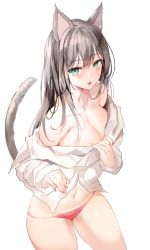 Rule 34 | 1girl, absurdres, animal ear fluff, animal ears, bad id, bad twitter id, bare shoulders, black hair, blouse, blush, breasts, cat ears, cat girl, cat tail, cleavage, collarbone, cowboy shot, fingernails, green eyes, highres, long hair, long sleeves, looking at viewer, medium breasts, nail, nail polish, navel, no bra, off shoulder, original, panties, pink nails, red panties, shirt, shirt slip, simple background, solo, tail, tongue, tongue out, underwear, white background, white shirt, zerocat