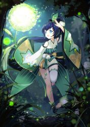 Rule 34 | 1girl, artist name, black hair, blue eyes, bow, breasts, detached sleeves, flower, grass, hair bow, hand up, highres, japanese clothes, long hair, night, onmyoji, open mouth, outdoors, ponytail, running, sash, small breasts, smile, solo, tree, vilor, white legwear, wide sleeves, ying grass