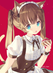 Rule 34 | 1girl, :o, animal ear fluff, animal ears, apron, blue eyes, blush, bow, brown bow, brown hair, brown skirt, brown vest, cat ears, cat girl, cat tail, center frills, collared shirt, commentary request, fang, food, frilled apron, frills, fruit, hair bow, holding, holding food, ikari (aor3507), long hair, looking at viewer, maid, maid headdress, nail polish, original, parted lips, pink nails, puffy short sleeves, puffy sleeves, red background, shirt, short sleeves, skirt, solo, strawberry, tail, twintails, twitter username, very long hair, vest, waist apron, white apron, white shirt, wrist cuffs