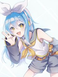 Rule 34 | 1other, :d, androgynous, belt, belt buckle, blue hair, bow, buckle, chocoeiru, cosplay, detached sleeves, floating hair, grey sailor collar, grey shorts, grey sleeves, hair between eyes, hair bow, headphones, highres, kagamine rin, kagamine rin (cosplay), leaning forward, long hair, long sleeves, looking at viewer, open mouth, orange belt, rimuru tempest, sailor collar, sailor shirt, shirt, short shorts, shorts, sleeveless, sleeveless shirt, smile, tensei shitara slime datta ken, very long hair, vocaloid, white background, white bow, white shirt, yellow eyes