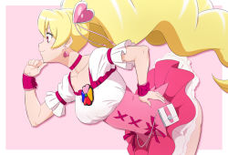 Rule 34 | 1girl, bent over, blonde hair, border, breasts, choker, closed mouth, collarbone, cowboy shot, cure peach, earrings, fresh precure!, fuchi (nightmare), hair ornament, hand on own hip, heart, heart earrings, heart hair ornament, high-waist skirt, jewelry, layered skirt, long hair, medium breasts, miniskirt, outside border, pink background, pink skirt, precure, profile, red choker, red eyes, shirt, short sleeves, skirt, smile, solo, twintails, very long hair, white border, white shirt, wrist cuffs