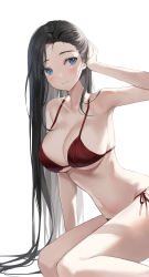 Rule 34 | 1girl, absurdres, arm up, armpits, bare arms, bare legs, bare shoulders, bikini, black hair, blue eyes, breasts, churi (oxxchurixxo), cleavage, duplicate, highres, large breasts, long hair, looking at viewer, navel, original, pixel-perfect duplicate, red bikini, side-tie bikini bottom, simple background, sitting, smile, solo, stomach, string bikini, swimsuit, thighs, very long hair, white background