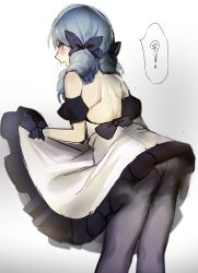 Rule 34 | 1girl, ?, absurdres, ass, bare shoulders, black bow, black pantyhose, black sleeves, blush, bow, clothes lift, detached sleeves, dress, dress lift, drill hair, frilled dress, frills, from behind, green hair, grey dress, gwen (league of legends), hair bow, highres, league of legends, leaning forward, looking back, open mouth, panties, panties under pantyhose, pantyhose, solo, spoken question mark, strapless, strapless dress, twin drills, underwear, zyrophin