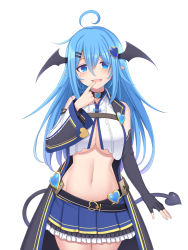 Rule 34 | 1girl, :d, ahoge, bare shoulders, belt, black choker, black gloves, blouse, blue eyes, blue hair, blue skirt, breasts, choker, cleavage, collared shirt, cowboy shot, crop top, crop top overhang, demon girl, demon tail, detached sleeves, elbow gloves, finger to mouth, fingerless gloves, gloves, hair between eyes, hair ornament, hairclip, head wings, heart, highres, large breasts, long hair, looking at viewer, midriff, miniskirt, navel, no bra, open mouth, original, pleated skirt, pointy ears, revealing clothes, shirt, sidelocks, simple background, single detached sleeve, single glove, skirt, sleeveless, sleeveless shirt, smile, snow (gi66gotyo), solo, stomach, tail, underboob, white background, white shirt, wings