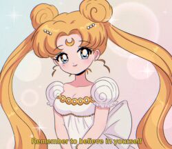 Rule 34 | 1990s (style), 1girl, bishoujo senshi sailor moon, blonde hair, blue eyes, blush, bow, breasts, bubble background, chellyko, cleavage, collarbone, crescent, crescent facial mark, double bun, dress, earrings, english text, facial mark, hair bun, hair ornament, highres, jewelry, long hair, looking at viewer, medium breasts, multicolored background, princess serenity, puffy sleeves, retro artstyle, short sleeves, smile, solo, sparkle, standing, subtitled, tsukino usagi, twintails, waist bow, white dress