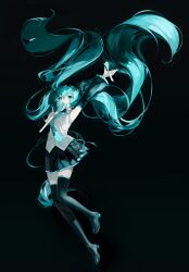 Rule 34 | 1girl, absurdly long hair, absurdres, aqua eyes, aqua hair, aqua necktie, arm up, armpits, black background, black footwear, black skirt, boots, chinese commentary, collared shirt, commentary, covering own mouth, detached sleeves, floating hair, food, full body, hand up, hatsune miku, high heel boots, high heels, highres, holding, holding food, holding spring onion, holding vegetable, index finger raised, kikihuihui, long hair, long sleeves, looking up, miniskirt, necktie, outstretched arm, shirt, simple background, skirt, sleeveless, sleeveless shirt, spring onion, thigh boots, twintails, vegetable, very long hair, vocaloid, white shirt