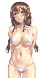 Rule 34 | 1girl, arms behind back, bikini, braid, breasts, closed mouth, collarbone, embarrassed, gluteal fold, highres, kantai collection, kokuzou, large breasts, long hair, micro bikini, navel, noshiro (kancolle), sidelocks, silver bikini, simple background, skindentation, solo, standing, swimsuit, twin braids, white background