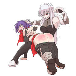 Rule 34 | 2girls, albino, armpits, ass, butt crack, clothes pull, crying, female focus, freia kagami, grabbing another&#039;s hair, grey eyes, grin, hand on another&#039;s head, head grab, kobayakawa shiho, long hair, multiple girls, open mouth, pants, pants pull, papa (shimeguru), purple hair, red eyes, short hair, smile, spanked, spanking, white background, white hair, wrestle angels, wrestle angels survivor