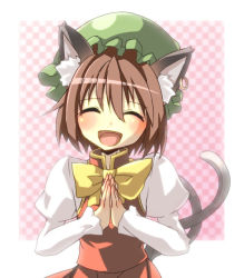 Rule 34 | 1girl, animal ears, bad id, bad pixiv id, cat ears, cat girl, cat tail, chen, earrings, closed eyes, female focus, hat, jewelry, multiple tails, open mouth, own hands together, plaid, plaid background, single earring, smile, solo, tail, touhou, upper body, walkure