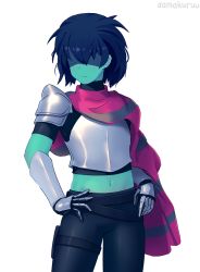 Rule 34 | 1other, aamakuruu, androgynous, blue bodysuit, blue hair, blue skin, bodysuit, colored skin, crop top, deltarune, gauntlets, hair over eyes, highres, kris (deltarune), light blush, midriff, scarf, shaded face, short hair, skinny, solo, striped clothes, striped scarf, torso, white background